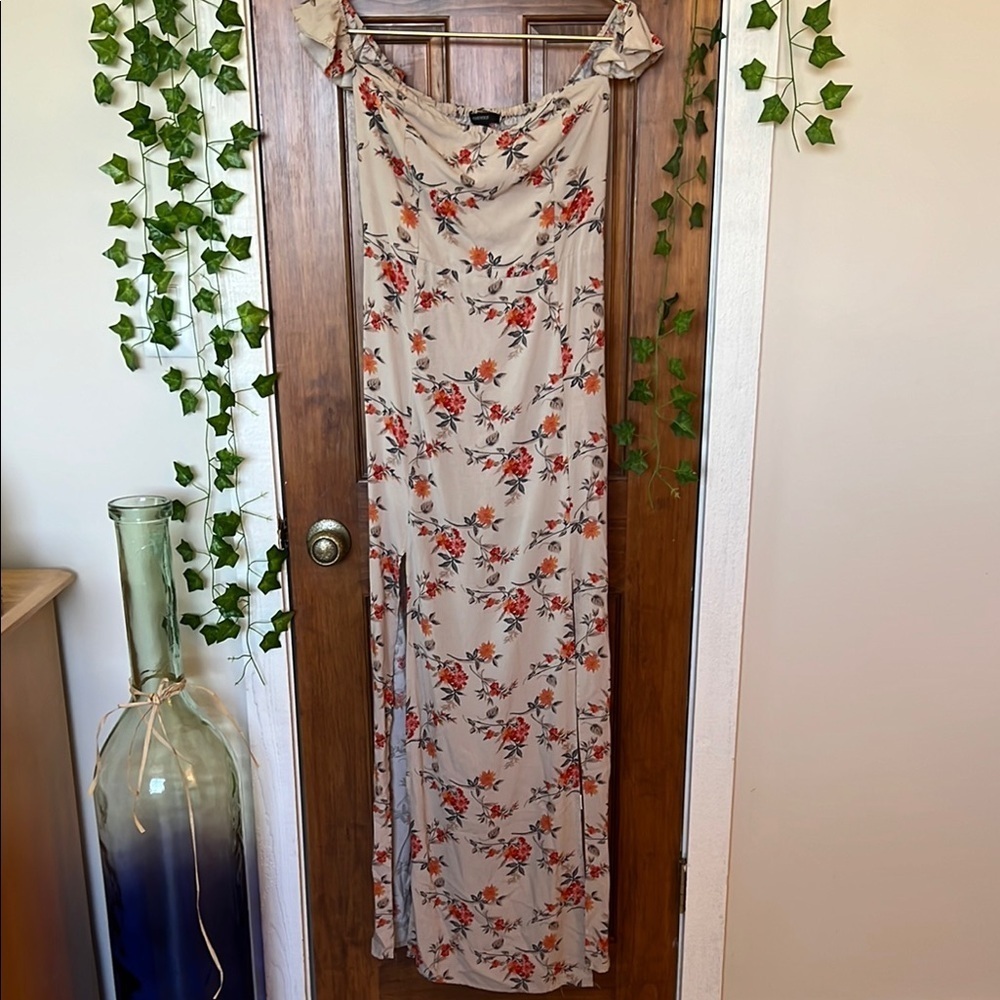 Off the Shoulder Boho Floral Maxi Dress Double Slits in Tan Orange Floral | M
